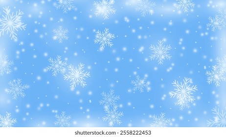 Frosty winter background with snowflakes. New Year's blue and white snow texture.