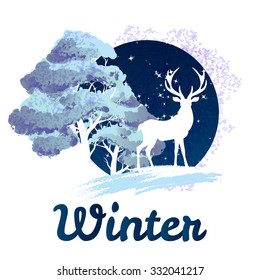 Frosty winter concept deer in front of tree covered with snow