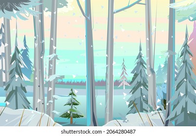 Frosty winter day. Snow landscape with trees. Pines and spruce. Beautiful rural scene. Cold season. Illustration in cartoon style flat design. Vector.