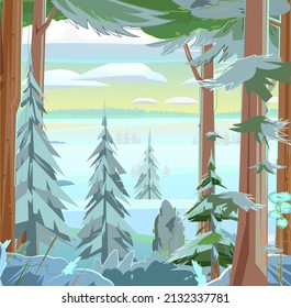 Frosty winter day. Snow landscape with trees. Pines and spruce. Beautiful rural scene. Cold season. Illustration in cartoon style flat design. Vector.