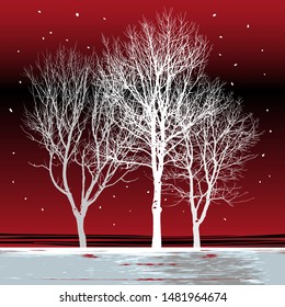
Frosty winter landscape. 
Different silhouettes of trees on a crimson sky background. Color vector illustration of nature.