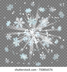 Frosty winter snowflakes light beam lens flare explosion. Flying snowflakes, blindening explosion burst with sparkles. Winter holidays design illustration.