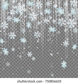 Frosty winter snowflakes light beam lens flare effect snowfall. Isolated falling snowflakes, blindening light beams with sparkles. Winter holidays design illustration.