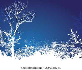 Frosty winter tree with elegant snowflakes and glowing stars on a gradient blue background. Perfect for holiday cards or winter-themed designs.