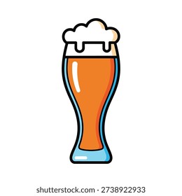 Frothy beer glass with foamy head cartoon illustration orange liquid white background