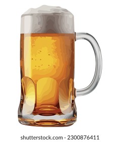 Frothy beer in glass over white