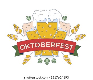 Vasos de cerveza espumosos con cebada y lúpulo para el concepto de ilustración 2D oktoberfest. Objetos de dibujos animados tradicionales del logotipo de la fiesta del alcohol aislados en blanco. Gráfico de Vector plano abstracto de metáfora de Festiva