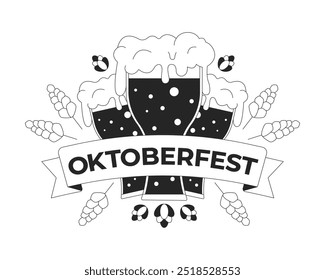 Vasos de cerveza espumosos con cebada y lúpulo para el concepto de ilustración 2D en blanco y negro de oktoberfest. Objetos de dibujos animados del logotipo de la fiesta del alcohol aislados en blanco. Arte vectorial monocromo metáfora de Festiva