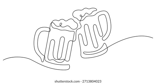 caneca de cerveja espumosa clinking uma linha desenho vetor contínuo ilustração