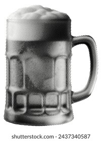 taza de cerveza espumosa con espuma cremosa aislada sobre fondo blanco negro blanco retro semitono grunge punteado textura fiesta celebración elemento de collage para diseño mixto tarjeta de póster