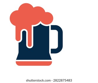 Frothy beer mug icon featuring bold dark blue and bright red colors presented as a minimalist flat vector graphic design element for bar menus pubs and beverage industry branding projects