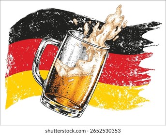 A frothy beer mug showcases the vibrant colors of the German flag in the background. This captures the festive spirit surrounding beer celebrations in Germany highlighting its rich heritage.