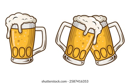 Frothy Beer Mug Vintage Style Vector Illustration – Cheers Toast, Clinking Glasses, Refreshing Lager with Foam. Bar, Pub, Oktoberfest, Celebration Icon