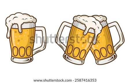 Frothy Beer Mug Vintage Style Vector Illustration – Cheers Toast, Clinking Glasses, Refreshing Lager with Foam. Bar, Pub, Oktoberfest, Celebration Icon