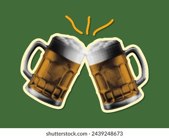 frothy beer mugs clinking with golden brews creamy foam alcohol party celebration isolated on green background retro halftone grunge dotted texture vintage y2k pop art collage cut-out element