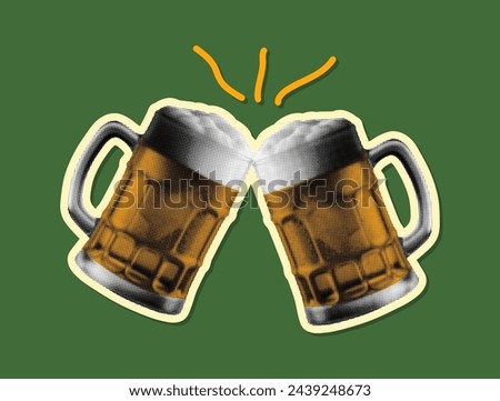 frothy beer mugs clinking with golden brews creamy foam alcohol party celebration isolated on green background retro halftone grunge dotted texture vintage y2k pop art collage cut-out element