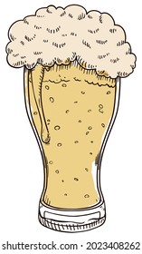 Frothy beer served in weizen glass vase, drawing in hand drawn style and some colors.