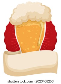 Frothy beer in a weizen glass vase over red round label covered with a empty scroll, isolated over white background.