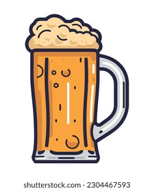 Frothy beer in a yellow mug, cheers icon isolated