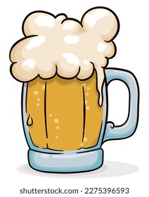 Frothy and bubbly beer served in glass mug with handle. Design in cartoon style.