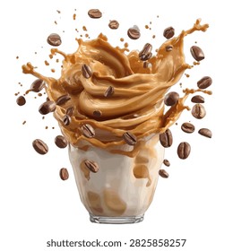 Frothy coffee splash with coffee beans in a glass