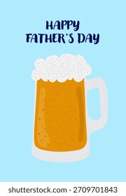A frothy mug of amber beer sits on a blue background under Happy Fathers Day text.