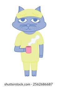 Frown anthropomorphic cat character with coffee in pajamas