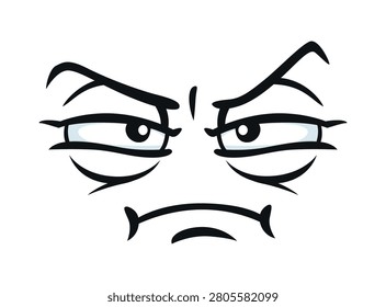 Frown face expression emoji with angry eyes emotion and skeptical look for cartoon emoticon icon. Face smile with googly eyes of suspicious, doubtful or gloomy face expression with brow raised up