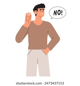 Frowned man with negative face expression saying no, showing denial, ignore or stop gesture concept. Person using non-verbal communication sign. Flat vector illustration isolated on white background