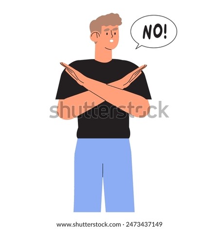 Frowned man with negative face expression saying no, showing denial, ignore or stop gesture concept. Person using non-verbal communication sign. Flat vector illustration isolated on white background