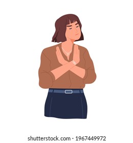 Frowned woman with negative face expression saying no, showing denial, ignore or stop gesture. Person using non-verbal communication. Colored flat vector illustration isolated on white background