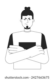 Frowning caucasian man crossed hands black and white 2D line cartoon character. Disapproving male isolated vector outline person. Gesture body language monochromatic flat spot illustration