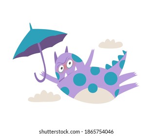 Frowning Comic Monster with Spotted Body and Horns Flying with Umbrella Vector Illustration