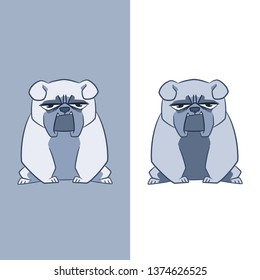 Frowning cute English bulldog cartoon t-shirt or poster vector clipart design with two colors for light and dark fabric.  Grumpy muscular tough puppy dog with an unamused ironic look on the face.