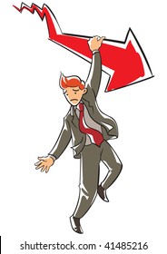 Frowning executive hanging on a falling red arrow