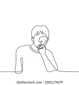 un homme froussard se maquille le visage avec sa main - image vectorielle de dessin à une ligne. le concept de pensée, les pensées désagréables, le mécontentement