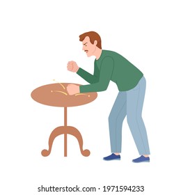 Frowning Man Quarrelling and Arguing with Someone Shouting and Banging the Table with Fist Vector Illustration