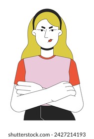 Frowning upset blonde woman arms folded 2D linear cartoon character. Displeased young adult female isolated line vector person white background. Gesture body language color flat spot illustration