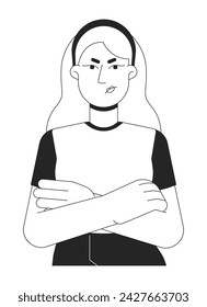 Frowning upset blonde woman arms folded black and white 2D line cartoon character. Displeased female isolated vector outline person. Gesture body language monochromatic flat spot illustration