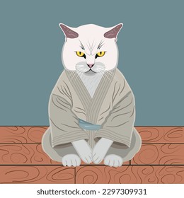 frowning white cat buddhist monk in robes on the floor