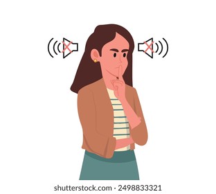 Frowning woman makes tss gesture calling for phones to be turned off or to speak more quietly. Girl orders silence, showing tss sign with hand, to calm down hyperactive children making lot of noise.