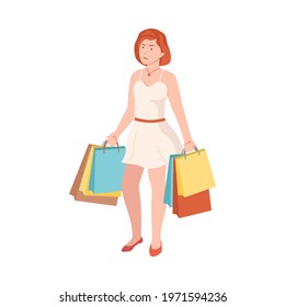 Frowning Woman with Shopping Bags Quarrelling and Arguing with Someone Shouting Vector Illustration