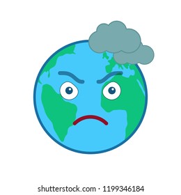 Frowning world globe emoticon. Mad blue planet emoji. Social communication and weather widget. Threatening face showing facial emotion. Funny earth with clouds icon. Weather forecast vector