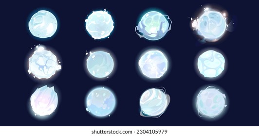 Frozen alien space planet cartoon fantasy set. Ice vector galaxy world icon isolated on dark background. Icy satellite sphere glowing illustration. Snow astronomy assets. Crystal meteor collection