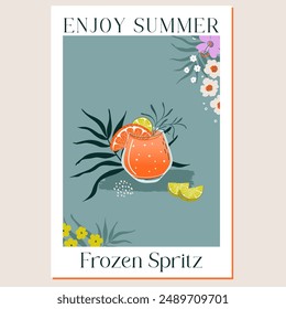 Frozen Aperol Spritz Cocktail. Glass of Summer fruit drink with grapefruit and lime slices and tropical plant decor. Refreshing lemonade. Hand drawn flat design colorful trendy vector illustration.
