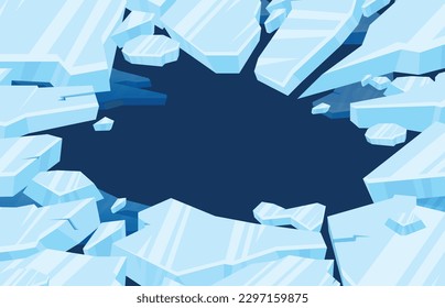 Frozen arctic cracked ice frame the blurred pieces of ice formed a circular hole in the middle of the water vector illustration