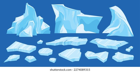 Frozen arctic cracked ice iceberg icon set three different sized icebergs and broken pieces of ice vector illustration