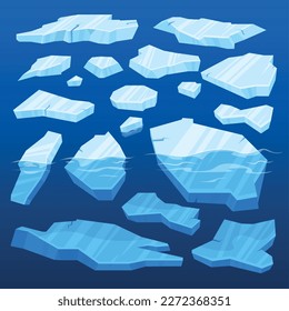 Frozen arctic cracked ice icon set different sized chunks of ice lie above and below the water vector illustration