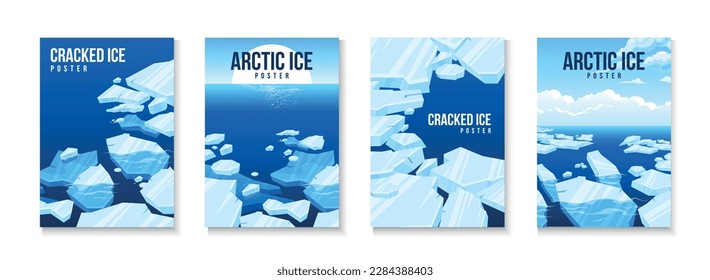 Frozen arctic cracked ice vertical isolated poster set with descriptions and headlines vector illustration