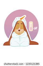 Frozen basset hound dog sit in snowman fur suit, christmas and new year mood, postcard, sticker